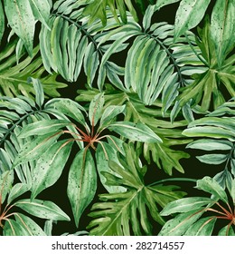 Tropical leaves, dense jungle. Seamless, hand painted, watercolor vector pattern on a dark background. 