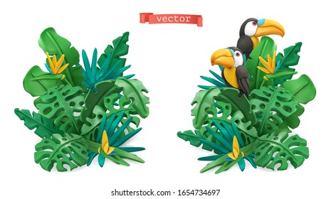 Tropical leaves design. Plasticine art illustration. 3d vector objects