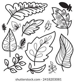 Tropical Leaves in doodle style for coloring page, stickers, decor, postcard. Vector illustration.