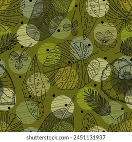 Tropical  leaves in the doodle style. Exotic summer botanical seamless pattern. Can be used in textile industry, paper, background, scrapbooking.Vector.