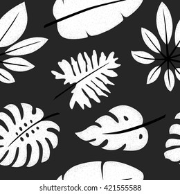 Tropical leaves with dotted texture. Seamless pattern for card, wallpaper, wrapping, packaging design, scrapbook, spring summer fashion fabric, textile design.