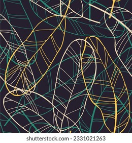 Tropical leaves drawing seamless pattern. Abstract banana leaf line art, silhouette background. Creative tropics illustration for sweamwear, wallpaper, textile design. 