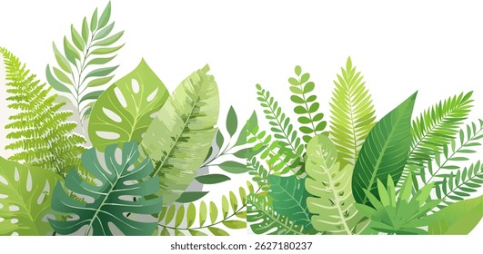 Hojas tropicales Elementos. Fondo de hojas tropicales. Fondo de pantalla de planta tropical con follaje, palma, hojas, monstera en patrón dibujado a mano.