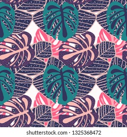 Tropical leaves in ethnic style on a white background. Cartoon tropical leaves.Exotic seamless pattern white leaves of monstera, banana and palm.