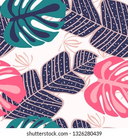 Tropical leaves in ethnic style on a white background. Cartoon tropical leaves.Exotic seamless pattern white leaves of monstera, banana and palm.