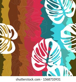 Tropical leaves in ethnic style on a striped background. Cartoon tropical leaves.