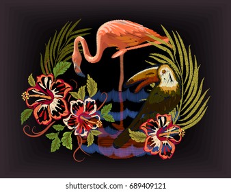 Tropical leaves. Exotic blossom Toucan and Flamingo Jungle arrangement. Floral Embroidered Pattern for Fabric. Embroidery tropical birds, Hawaii symbol hibiscus. Vector illustration