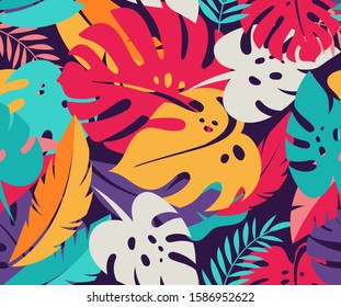 Tropical leaves, exotic colorful seamless pattern and background 