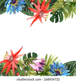 Tropical Leaves And Exotic Flowers Branches Watercolor Border Vector Illustration