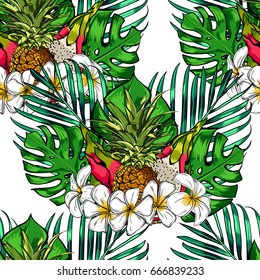 Tropical leaves and exotic flowers on background. White zigzag. Exotic seamless pattern. botanical print.