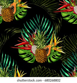 Tropical leaves and exotic flowers on background. White zigzag. Exotic seamless pattern. Vector botanical print