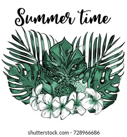 Tropical leaves and exotic flowers on background.