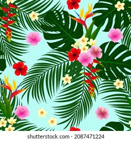 Tropical leaves and exotic flowers seamless pattern, frangipani or plumeria, hibiscus flowers and palm tree, good for fabric, wallpaper, wrapping, fashion print, etc.