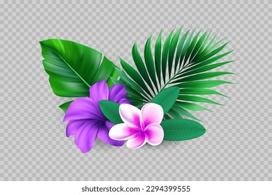 Tropical leaves with exotic flowers. Summer floral concept in realistic style. Vector illustration.