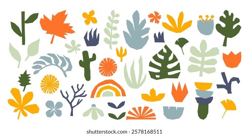 Tropical leaves, exotic flowers, tree plants, branches and stem, lush bush and grass floral elements paper cut isolated set. Aesthetic natural garden, forest, flowerbed shapes vector illustration