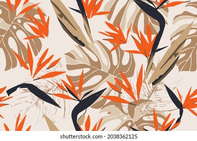 Tropical leaves. Exotic pattern. Creative seamless background. Fashion template for design, clothing, textiles