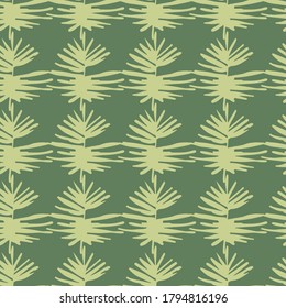 Hojas tropicales con un patrón exótico sin costuras. Siluetas follaje amarillo claro sobre fondo verde. Impresión floral a mano. Fondo para papel pintado, textil, envoltura, impresión de tela. Ilustración vectorial.