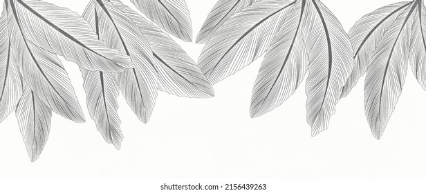 Tropical leaves or feathers hand drawn isolated on white background in art line style. Abstract art banner for wall decoration, wallpaper, print, packaging