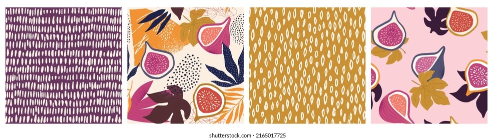 Tropical leaves and figs. Beautiful print with hand drawn exotic plants and dots. Fashion botanical fabric seamless pattern design.