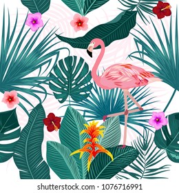 Tropical leaves, flamingo and flowers seamless pattern, bright print for textile, cloth, wallpaper, scrapbooking, wrapping. Vector background.