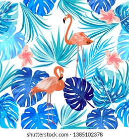 Tropical leaves, flamingo and flowers seamless pattern, bright print for textile, cloth, wallpaper, scrapbooking, wrapping. Vector background.