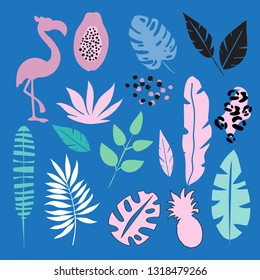 Tropical leaves, flamingo and papaya collection on a blue background