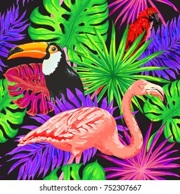 Tropical leaves, flamingo, parrot and toucan birds. Exotic leaves glowing in neon light. Seamless exotic pattern on black background. Vector illustration
