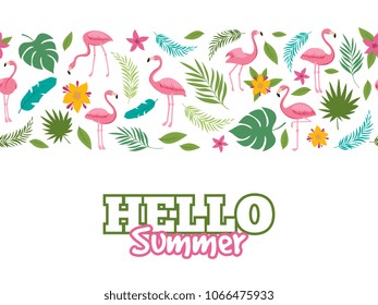 Tropical leaves and flamingo pattern. Hello summer banner or poster background design. Vector illustration