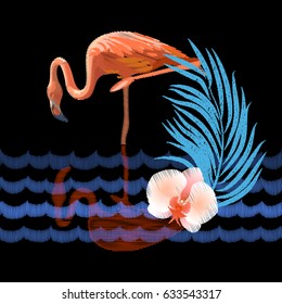 Tropical Leaves and Flamingo. Pillow Embroidery on black background. Floral Embroidered Pattern. Decoration for Fabric. Vector illustration