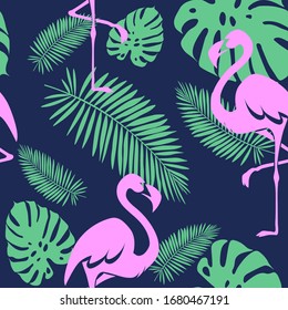 Tropical leaves and flamingo seamless pattern. Design suitable for textile, wallpaper, summer, leisure, website, wrapping paper. Isolated vector illustration