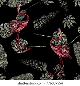 Tropical leaves and flamingo seamless pattern. Vector illustration. Typography design elements for prints, cards, posters, products packaging, branding.