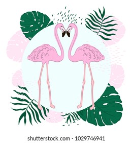 Tropical leaves and Flamingo Summer Banner, Graphic Background, Exotic Floral Invitation, Flyer or Card. Hand draw vector.