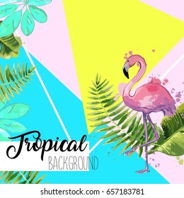 Tropical leaves and flamingo summer banner. Graphic background.