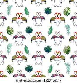 tropical leaves and  flamingos seamless pattern. eps10 vector illustration. hand drawing