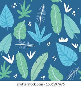 Tropical leaves flat hand drawn vector seamless pattern.  Decorative leaves background. Tropical, exotic plant drawing.
