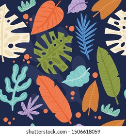 Tropical leaves flat hand drawn vector seamless pattern.  Decorative leaves background. Tropical, exotic plant drawing.