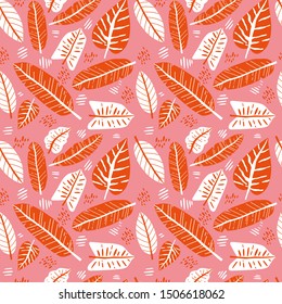 Tropical leaves flat hand drawn vector seamless pattern.  Decorative leaves background. Tropical, exotic plant drawing.