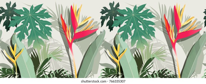Tropical leaves flat style on light background. seamless horizontal pattern