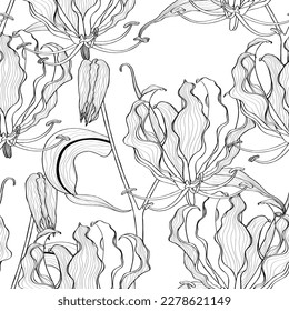 Tropical Leaves and Floral Background - Fire Lily tropical Flowers - Seamless Pattern. Cosmetic, perfumery and medical plant.