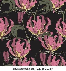 Tropical Leaves and Floral Background - Fire Lily tropical Flowers - Seamless Pattern. Cosmetic, perfumery and medical plant.