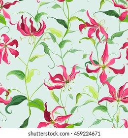 Tropical Leaves and Floral Background - Fire Lily Flowers - Seamless Pattern in Vector