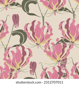 Tropical Leaves and Floral Background - Pink Fire Lily tropical Flowers - Seamless Pattern. Cosmetic, perfumery and medical plant.