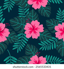 Tropical leaves with floral seamless pattern. Tropical leaves illustration. Tropical leaves background. Perfect for fabrics, textile, wallpaper, and decor. SSTKbackgrounds