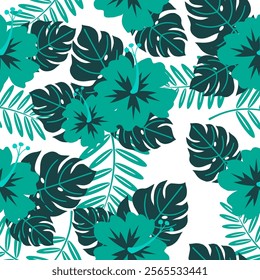 Tropical leaves with floral seamless pattern. Tropical leaves illustration. Tropical leaves background. Perfect for fabrics, textile, wallpaper, and decor. SSTKbackgrounds