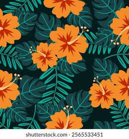 Tropical leaves with floral seamless pattern. Tropical leaves illustration. Tropical leaves background. Perfect for fabrics, textile, wallpaper, and decor. SSTKbackgrounds