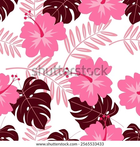 Tropical leaves with floral seamless pattern. Tropical leaves illustration. Tropical leaves background. Perfect for fabrics, textile, wallpaper, and decor. SSTKbackgrounds