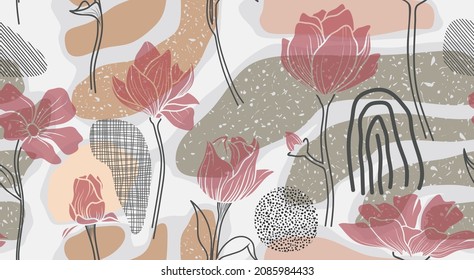 Tropical leaves and flower hand drawn seamless pattern. 