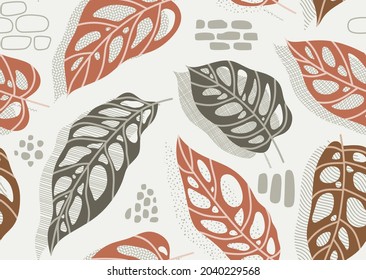 Tropical leaves and flower seamless pattern.