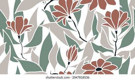 Tropical leaves and flower seamless pattern.