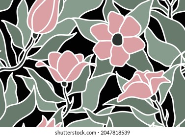 Tropical leaves and flower seamless pattern.